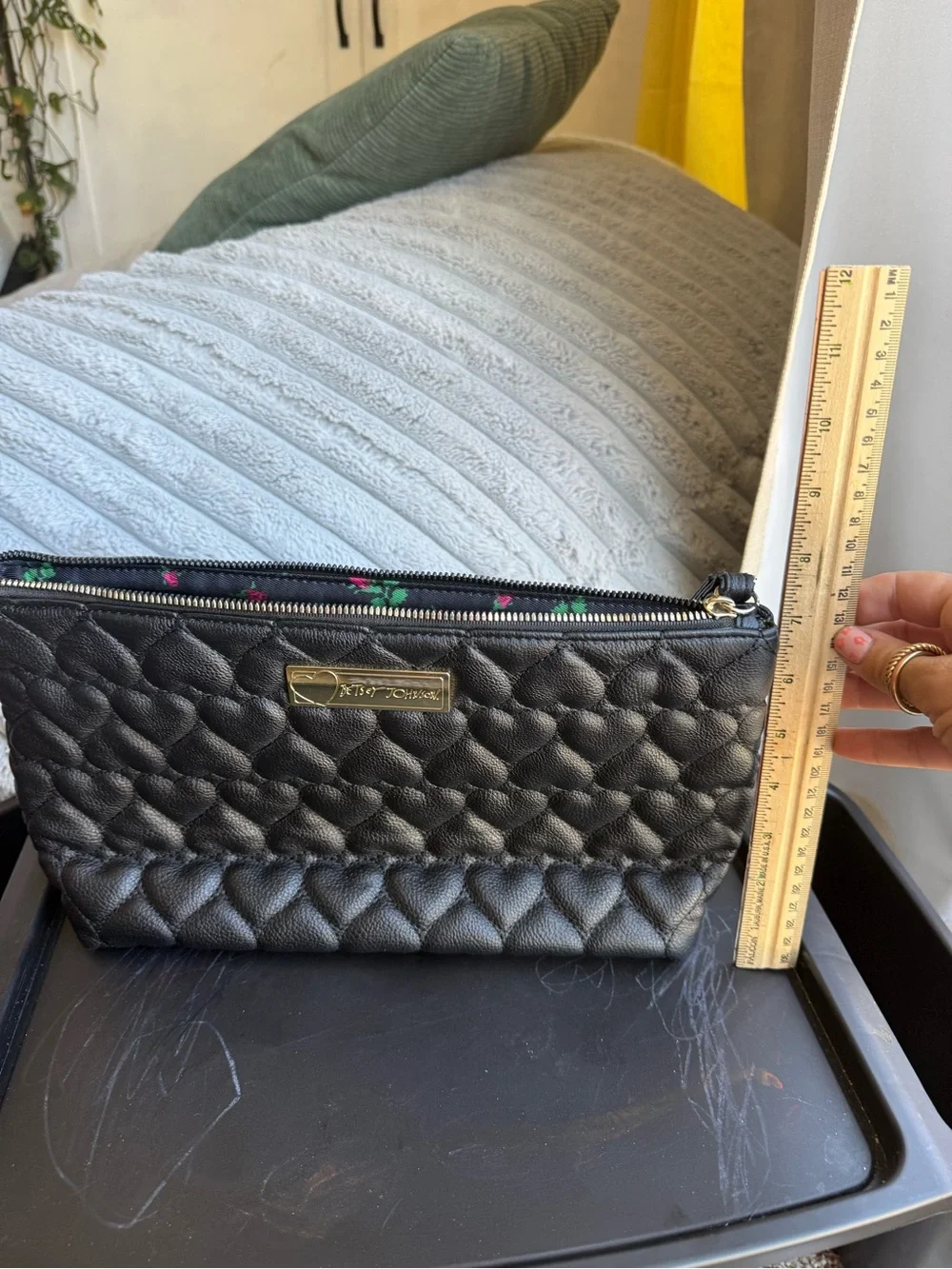 LARGE Betsey Johnson Black Quilted Heart Cosmetic Pouch with Gold Plaque 12”x7”